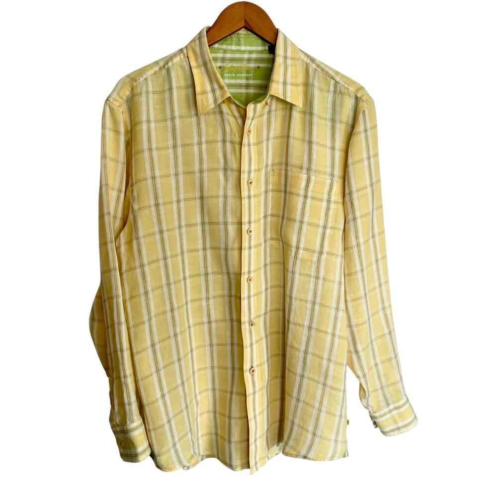 Indigo Palms Denim Company‎ 100% Linen Yellow Plaid Button Down Shirt Mens LG